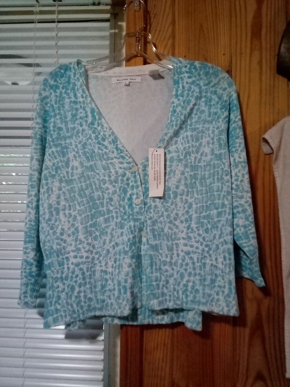 Ballinger Gold Animal Print Aqua & White V Neck 3/4 Sleeve Cardigan &Tank Top L